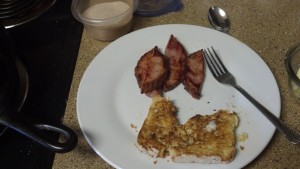 A quick breakfast of ham slices and GF toast...soon to have a dusting of cinnamon sugar.
